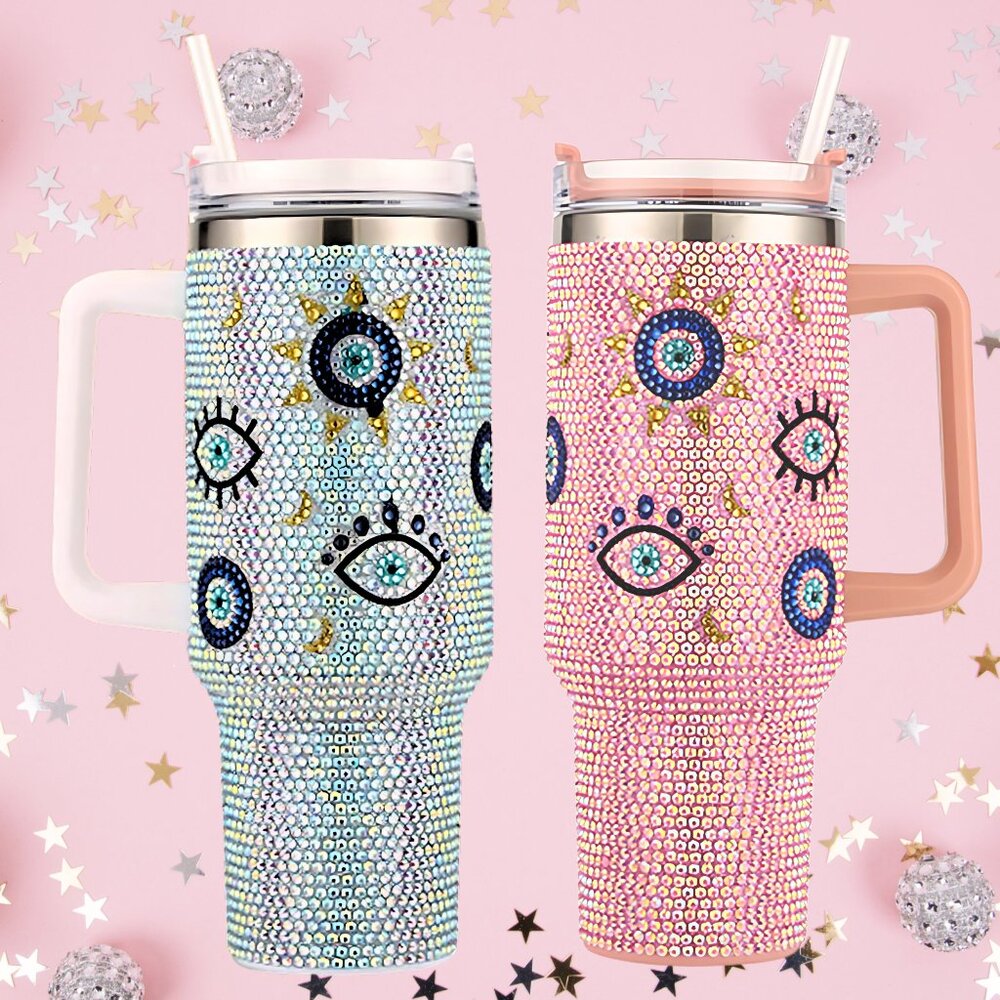 NEW Evil Eye Pink or Blue 40oz Stainless Steel Rhinestone Tumbler Straw Lid SET